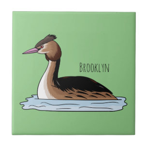 Great crested grebe bird cartoon illustration ceramic tile