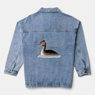Great crested grebe bird cartoon illustration denim jacket
