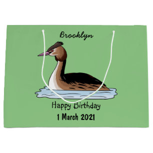 Great crested grebe bird cartoon illustration large gift bag