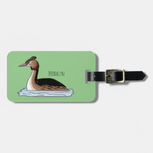 Great crested grebe bird cartoon illustration  luggage tag