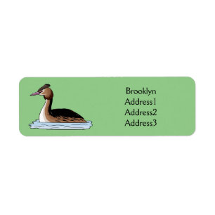 Great crested grebe bird cartoon illustration return address label