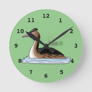 Great crested grebe bird cartoon illustration  round clock