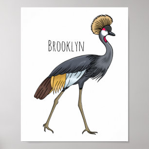 Great crowned crane bird cartoon illustration poster