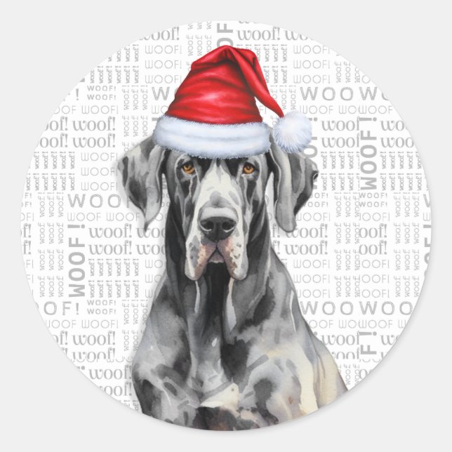 Great Dane and Woof Word Art Christmas Classic Round Sticker (Front)