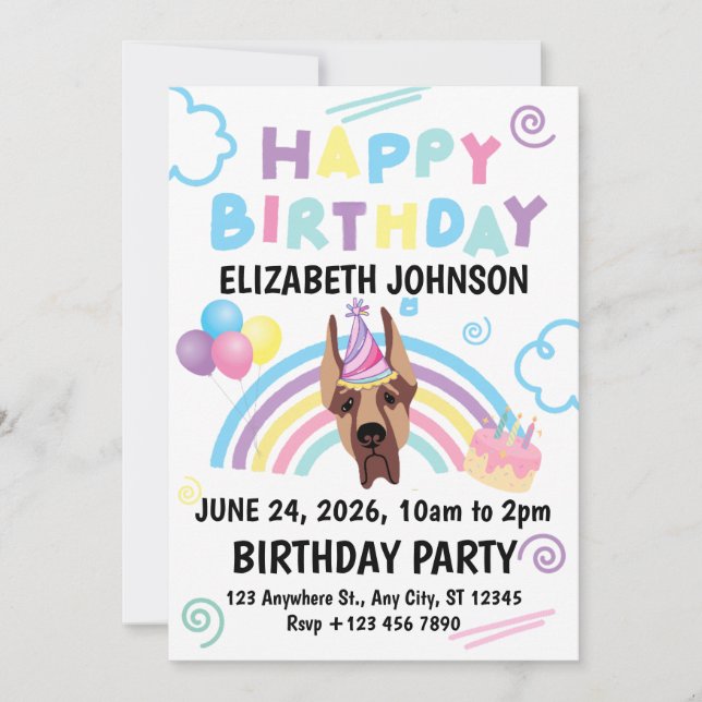 Great Dane Birthday Invitation in White (Front)
