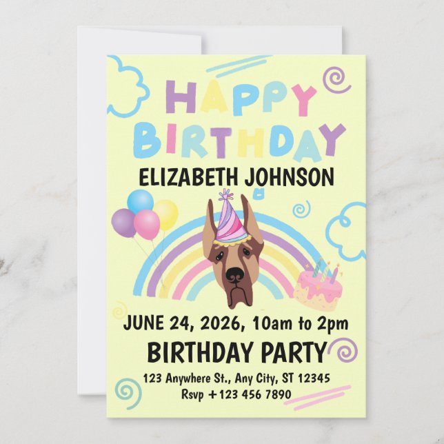 Great Dane Birthday Invitation in Yellow (Front)