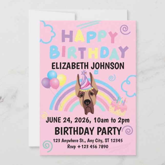 Great Dane Birthday Party Invitation Pink (Front)