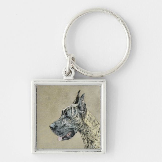 Great Dane (Brindle) Painting - Original Dog Art Key Ring (Front)