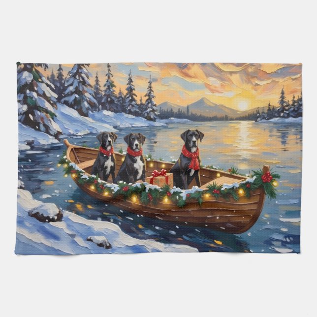 Great Dane Christmas Boat Holiday Tea Towel (Horizontal)