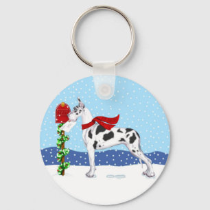 Great Dane Christmas Mail Harlequin Key Ring