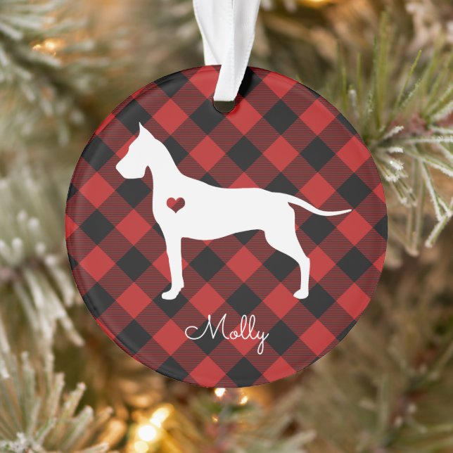 Great Dane Christmas Plaid Dog Name Photo Ornament (Tree)