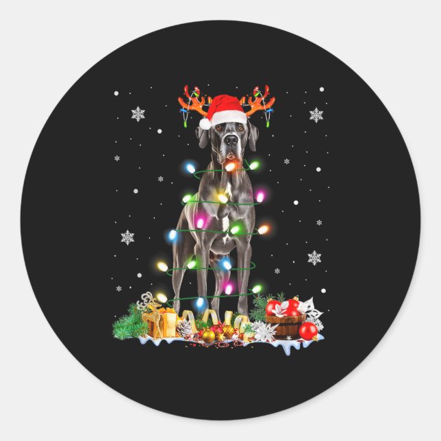 Great Dane Christmas Santa Hat Fairy Lights Pajama Classic Round Sticker (Front)