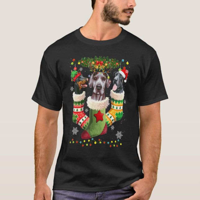 Great Dane Christmas Socks Tree Light Xmas Santa H T-Shirt (Front)
