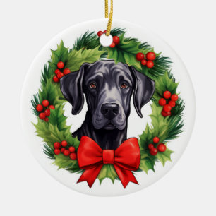 Great Dane Christmas Wreath Ceramic Ornament