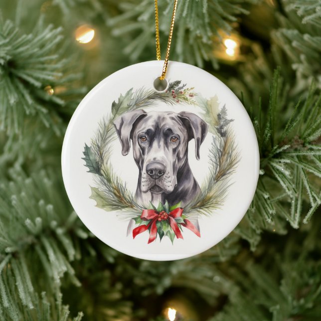 Great Dane Christmas Wreath Festive Pup  Ceramic Ornament (Tree)