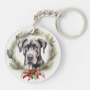 Great Dane Christmas Wreath Festive Pup  Key Ring