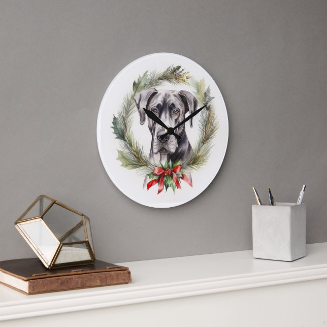 Great Dane Christmas Wreath Festive Pup  Large Clock (Office)