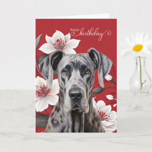 Great Dane Dog Birthday White Lilies on Red Card