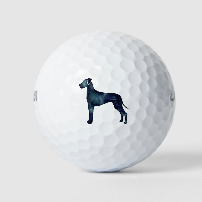 Great Dane  Dog Black Watercolor Silhouette Golf Balls (Front)
