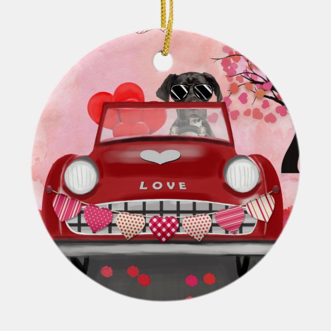 Great Dane Dog Car with Hearts Valentine's  Ceramic Ornament (Front)