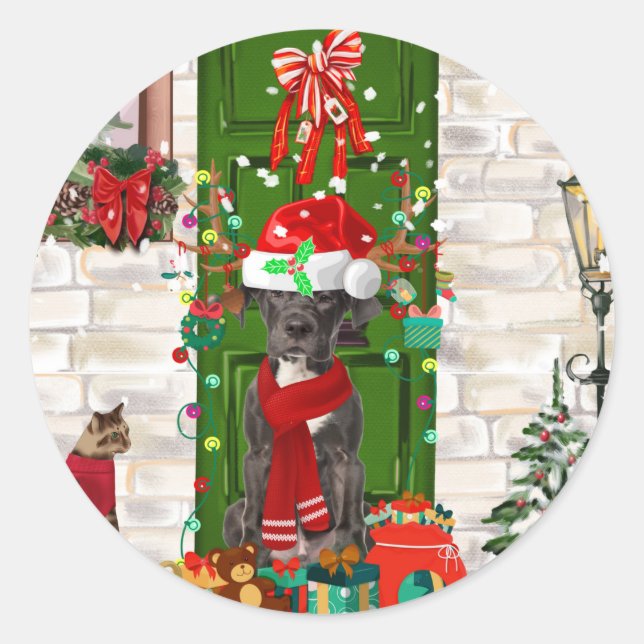 Great Dane Dog Christmas   Classic Round Sticker (Front)