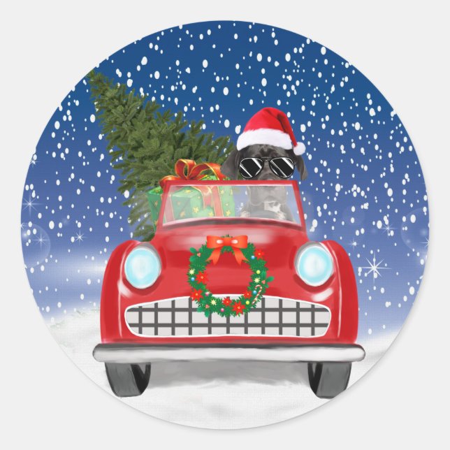Great Dane Dog Driving Car In Snow Christmas   Classic Round Sticker (Front)