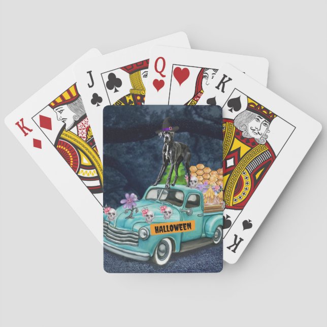 Great Dane Dog Halloween Truck Scary Night  Playing Cards (Back)