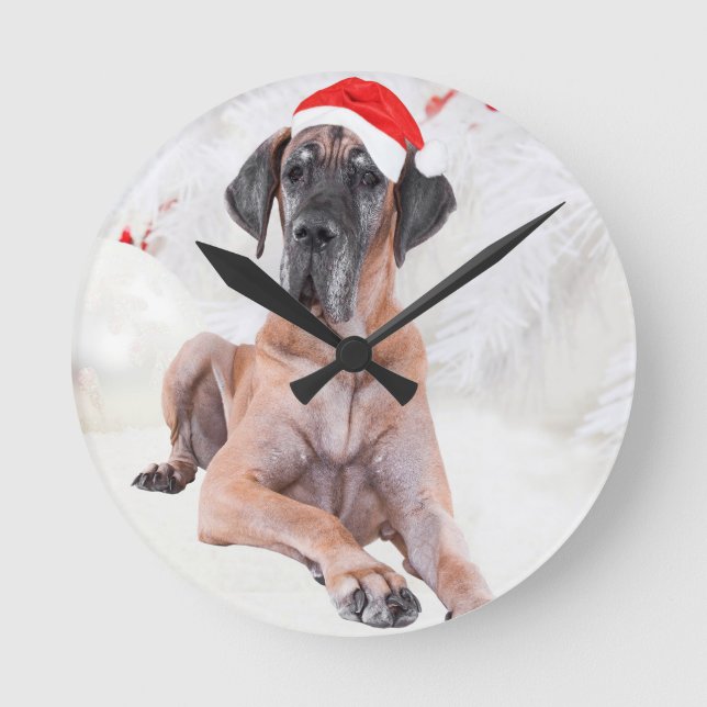 Great Dane Dog Hat Merry Christmas Round Clock (Front)