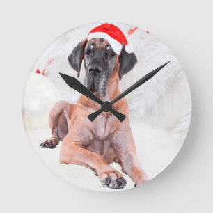 Great Dane Dog Hat Merry Christmas Round Clock