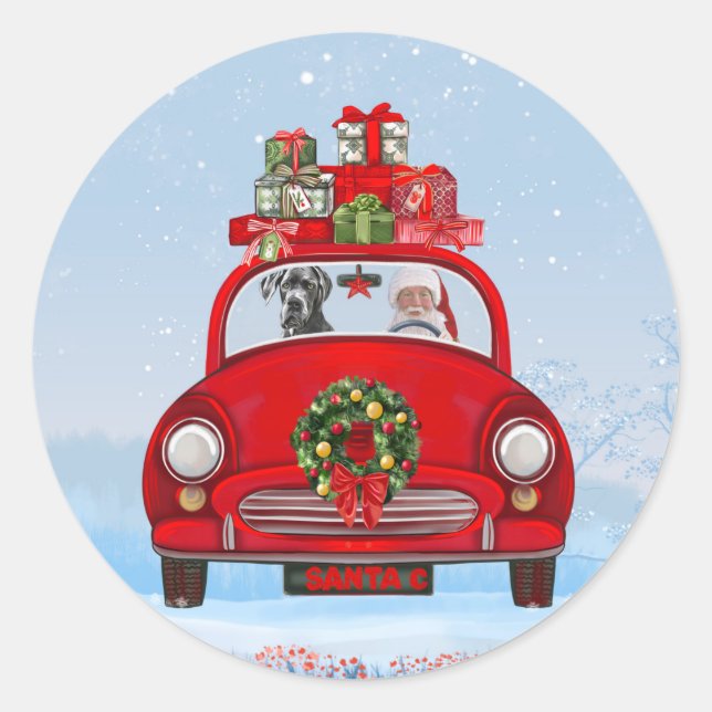 Great Dane Dog In Car With Santa Claus  Classic Round Sticker (Front)