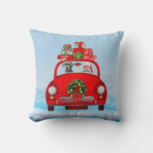Great Dane Dog In Car With Santa Claus Cushion