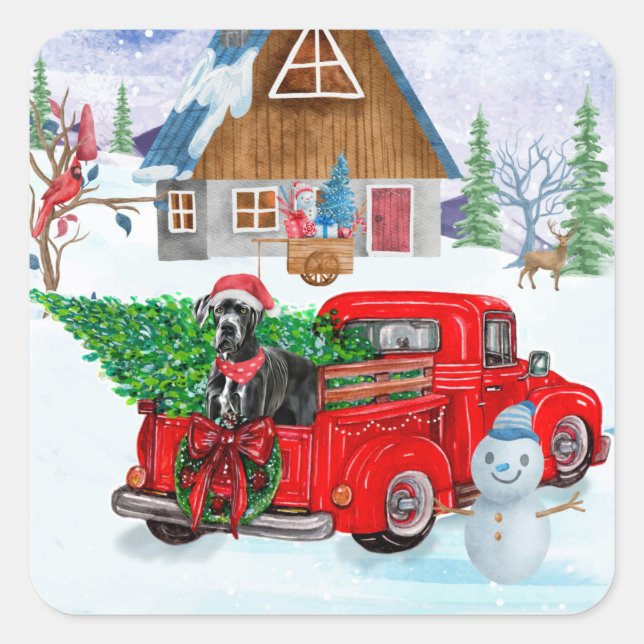Great Dane Dog In Christmas Delivery Truck Snow  Square Sticker (Front)