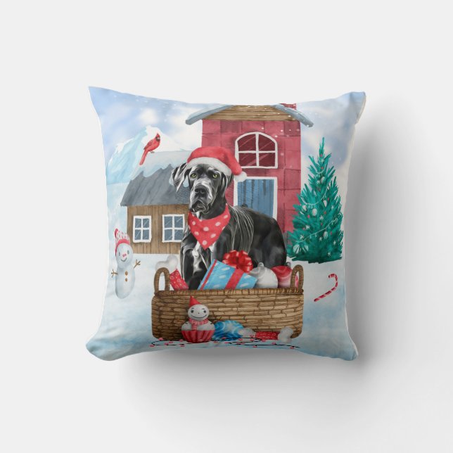 Great Dane Dog In snow Christmas Dog House Cushion (Front)