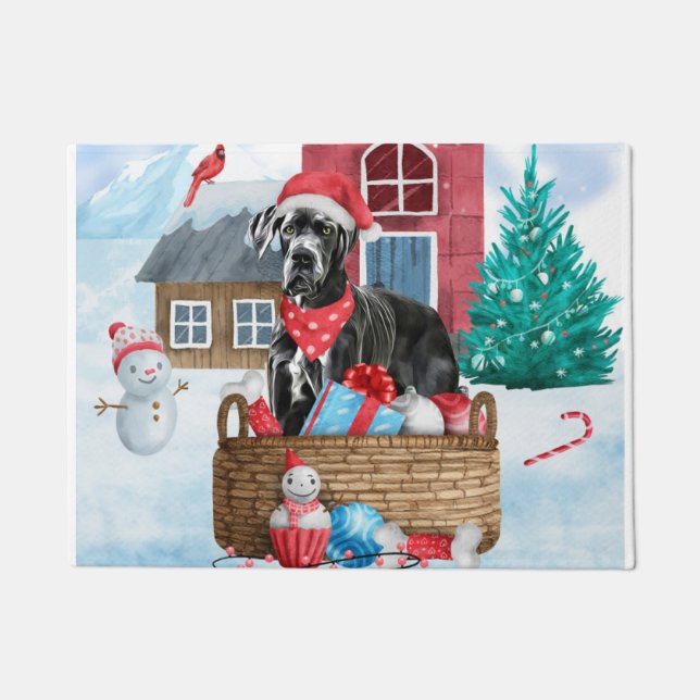 Great Dane Dog In snow Christmas Dog House Doormat (Front)