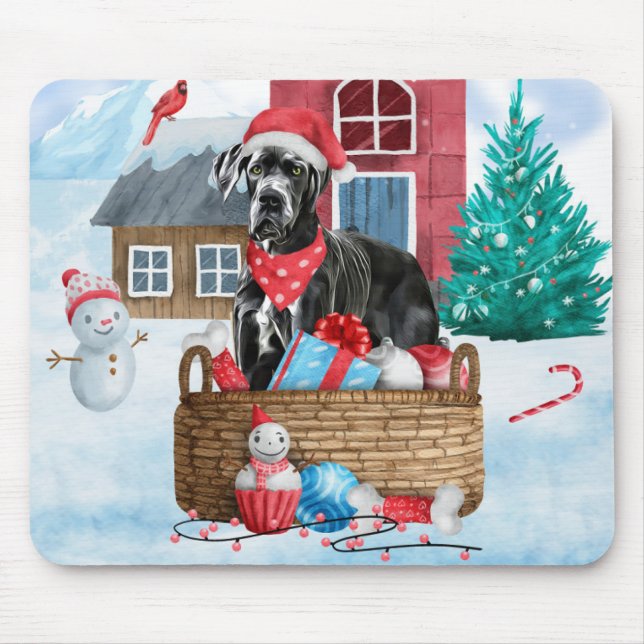 Great Dane Dog In snow Christmas Dog House  Mouse Pad (Front)