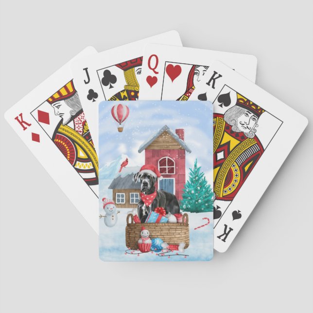 Great Dane Dog In snow Christmas Dog House Playing Cards (Back)