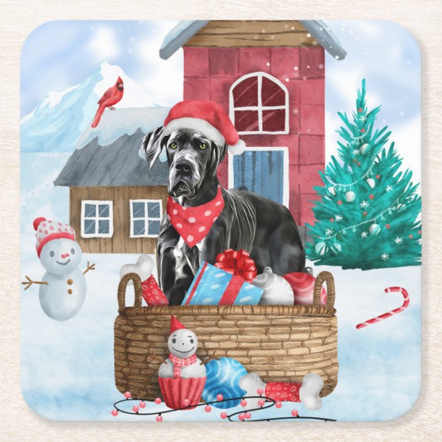 Great Dane Dog In snow Christmas Dog House  Square Paper Coaster (Front)