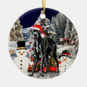 Great Dane Dog In Snow Christmas Hat Lights Ceramic Ornament