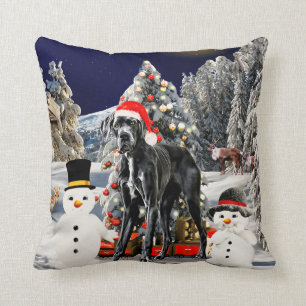 Great Dane Dog In Snow Christmas Hat Lights Cushion