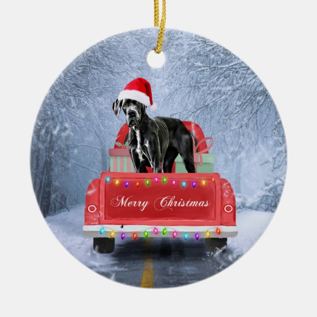 Great dane Dog in Snow sitting in Christmas Truck Ceramic Ornament (Front)
