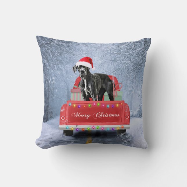 Great dane Dog in Snow sitting in Christmas Truck Cushion (Front)