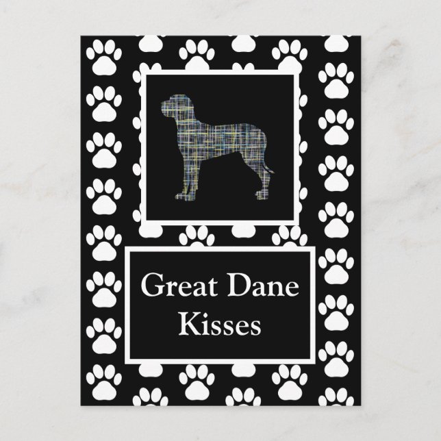 Great Dane Dog Kisses Silhouette Yellow&Blue Grid Postcard (Front)
