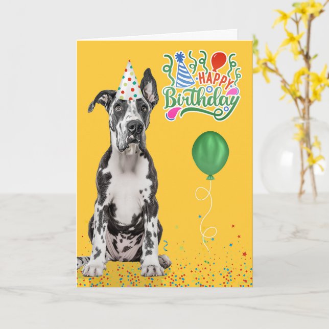 Great Dane Dog Party Hat Yellow Birthday Card (Yellow Flower)
