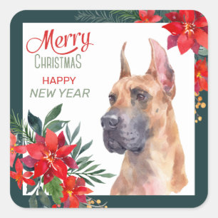 Great Dane Dog Poinsettia Border Christmas Square Sticker