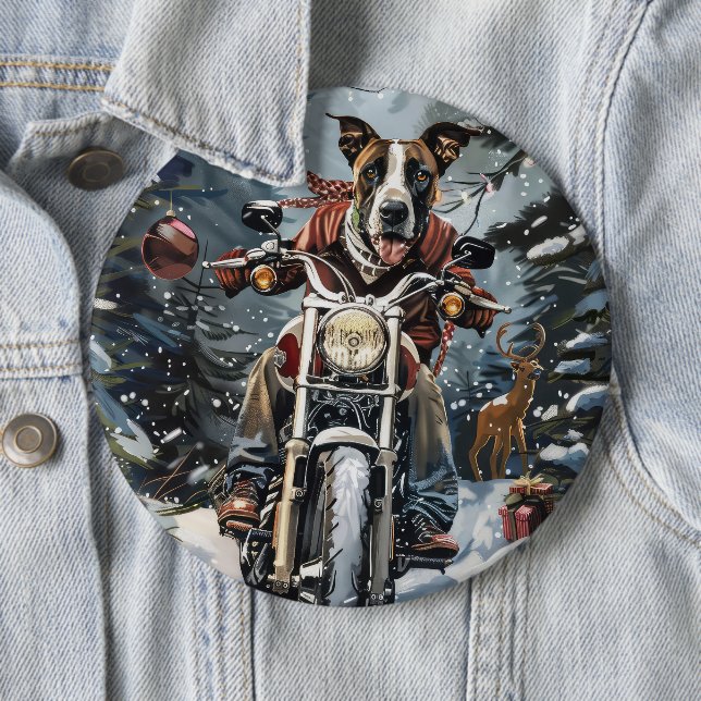 Great Dane Dog Riding Motorcycle Christmas 6 Cm Round Badge (In Situ)