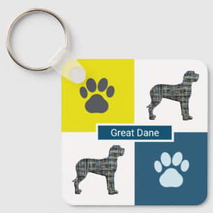 Great Dane Dog Silhouette & Paw Print Y&B Grid Key Ring