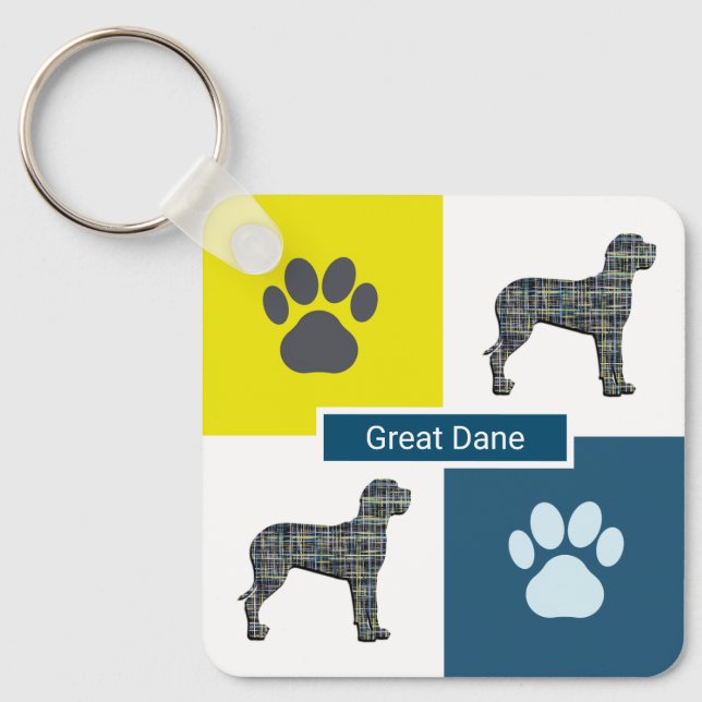 Great Dane Dog Silhouette & Paw Print Y&B Grid Key Ring (Front)