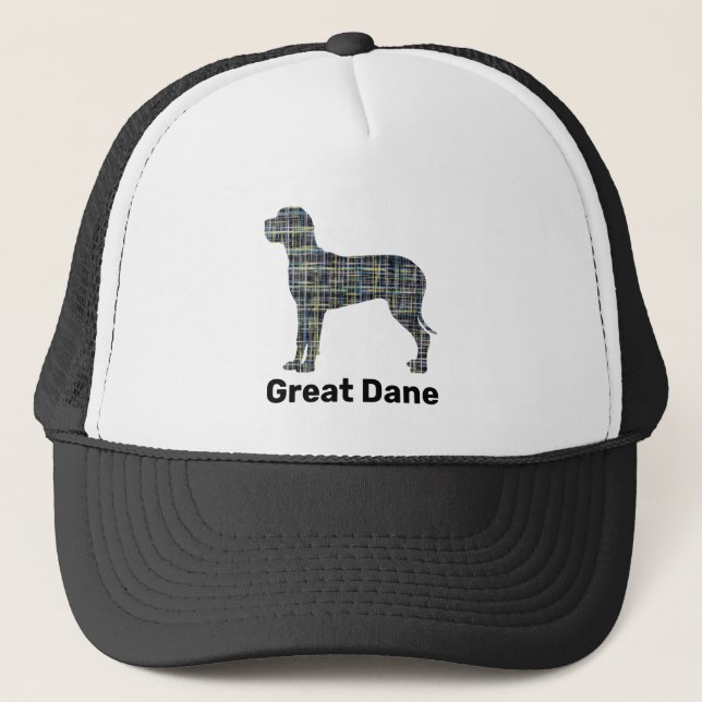 Great Dane Dog Silhouette Yellow & Blue Grids Trucker Hat (Front)