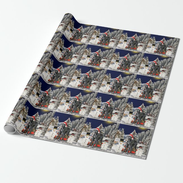 Great Dane Dog Sitting On Beach Santa Hat Wrapping Paper (Unrolled)