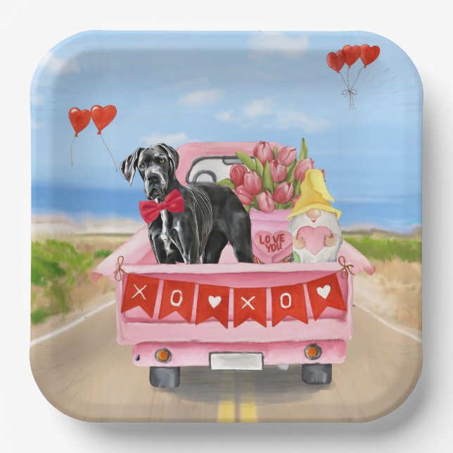 Great Dane Dog Valentine's Day Truck Paper Plate (Front)
